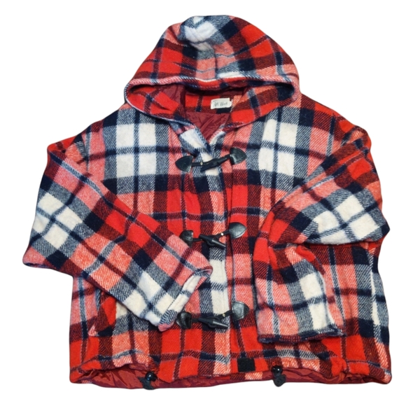 Vintage 1970s 100% Wool Plaid Hooded Toggle Coat Large - Picture 1 of 10